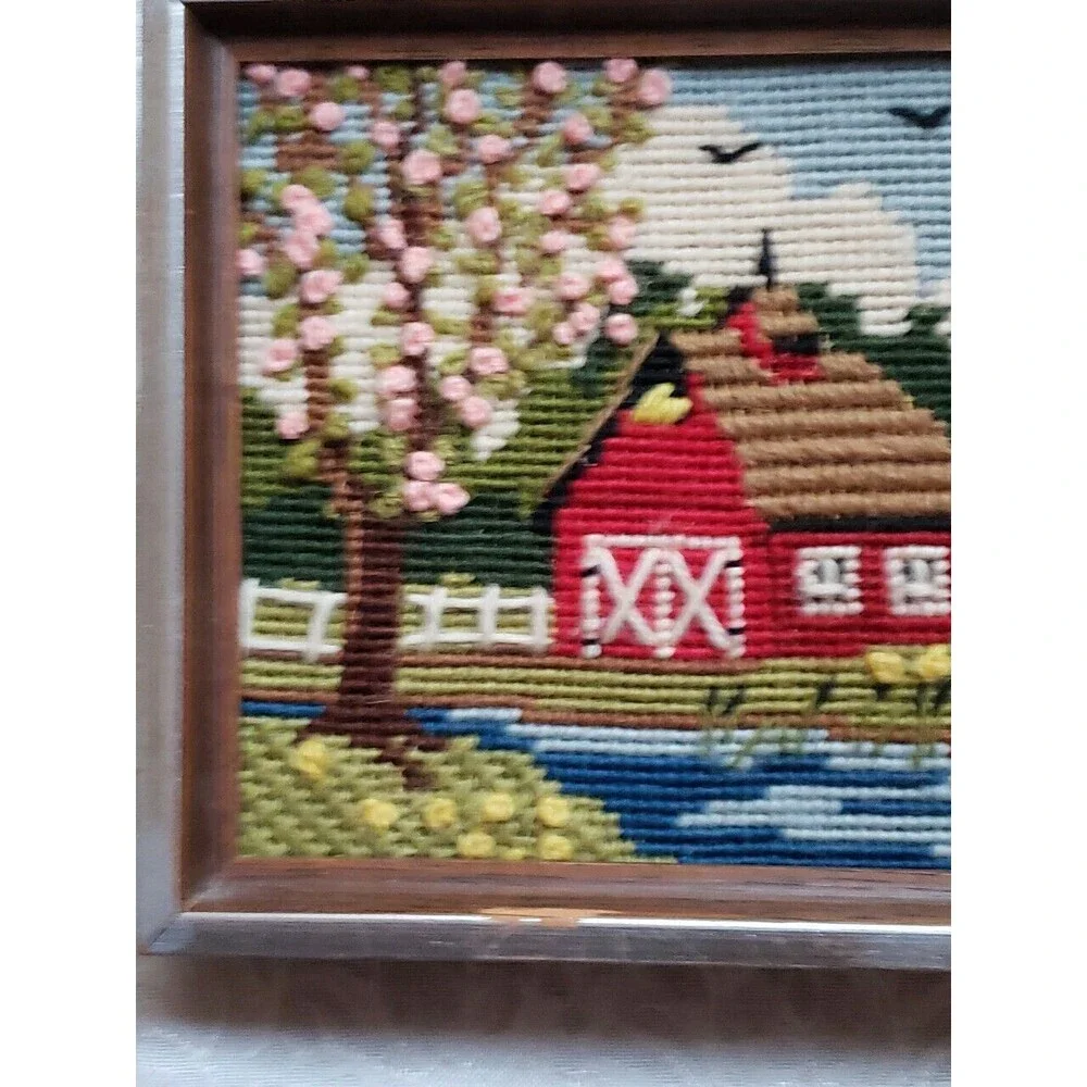 Vintage Jiffy Finished Needlepoint Spring Barn Summer Mill Set 2 Framed Square